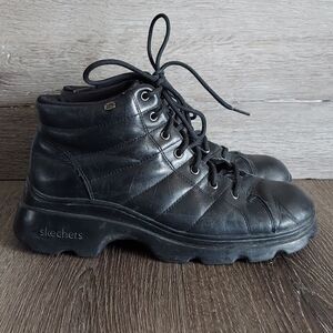 Vintage Skechers Y2K Black Leather Grunge Chunky Ankle Boots Platform Womens 10